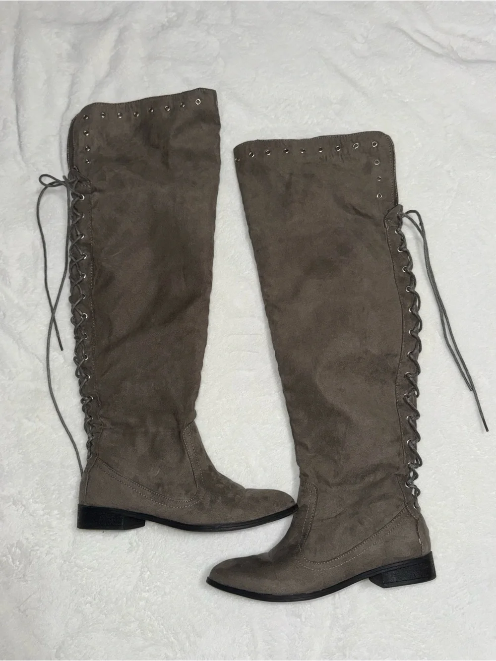 Shoe Dazzle Grey Over-the-Knee Lace-Up Suede Boots